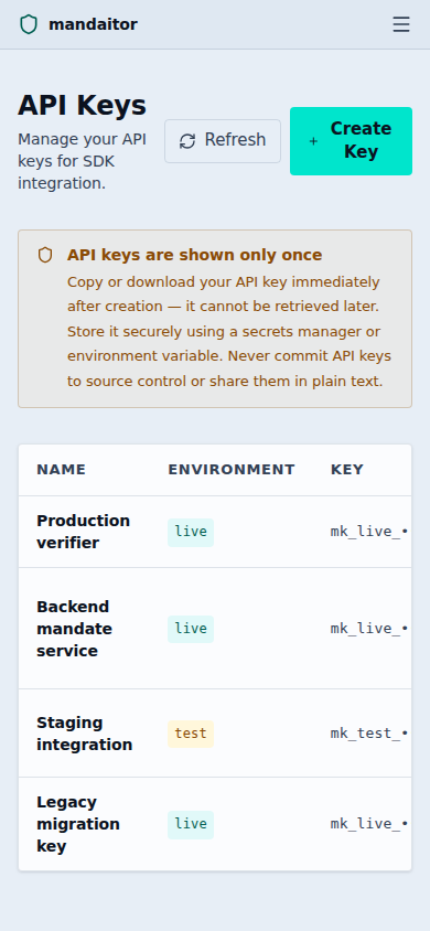 Mandaitor tenant dashboard showing API key names, environments, masked key suffixes, statuses, scopes, creation dates, and revoke actions — mobile view
