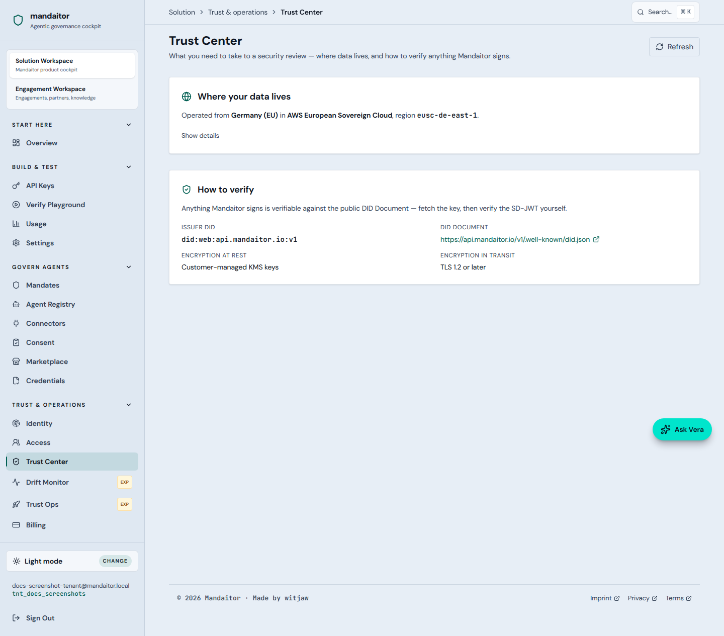 Mandaitor Trust Center showing verification outcomes, evidence signals, and runtime posture for a tenant